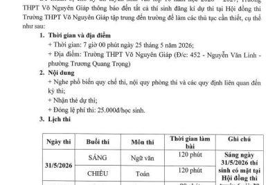 THÔNG BÁO TẬP TRUNG HỌC SINH THI VÀO LỚP 10 TRƯỜNG THPT VÕ NGUYÊN GIÁP